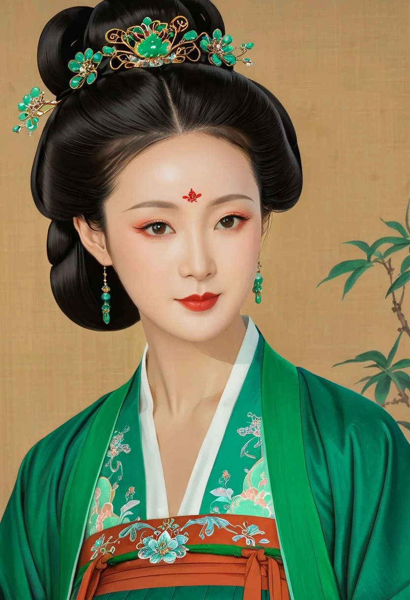 a close up of a woman in a green dress with a flower in her hair, palace ， a girl in hanfu, ancient chinese princess, chinese princess, ancient chinese beauties, ancient china art style, ancient asian dynasty princess, wearing ancient chinese clothes, beautiful character painting, by Qu Leilei, inspired by Qiu Ying, chinese painting style, by Li Fangying
