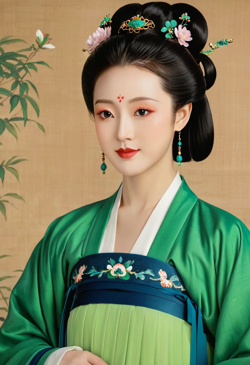 a close up of a woman in a green dress with a flower in her hair, palace ， a girl in hanfu, ancient chinese princess, chinese princess, ancient chinese beauties, ancient china art style, ancient asian dynasty princess, wearing ancient chinese clothes, beautiful character painting, by Qu Leilei, inspired by Qiu Ying, chinese painting style, by Li Fangying