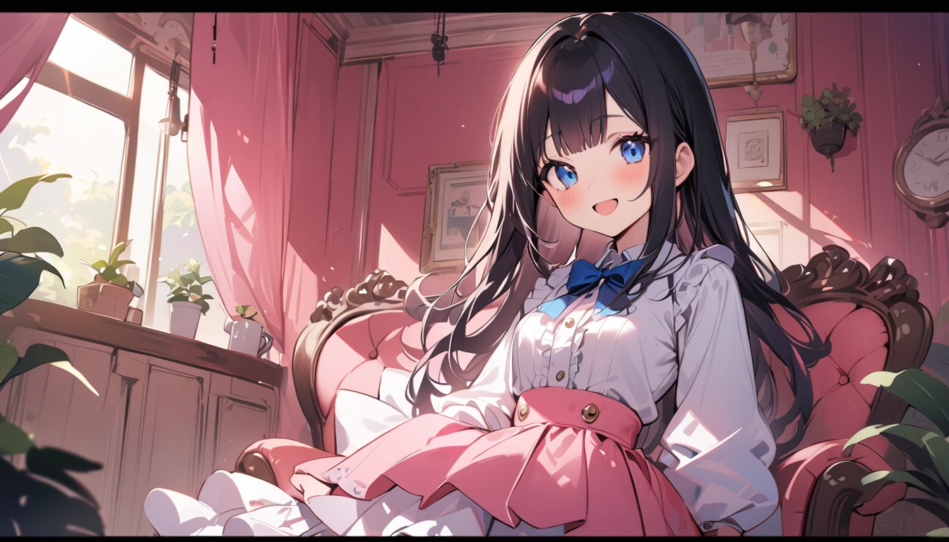 BREAK 1girl, long hair, black hair, straight hair, short bangs above brows, blue eyes, warm smile, open mouth,
BREAK (masterpiece), (high resolution 8K), cinematic lighting, professional lighting, very cute, detailed eyes and face, detailed body,
BREAK , white shirt, blue bowtie, pleated skirt, lift skirt,
BREAK in the messy room, (cute interior:1.0),(pink room),window,kawaii room,canopy,frills,pink chair,(baldachin:1.0),(Foliage plant:1.0),(chesterfield chair:1.0),