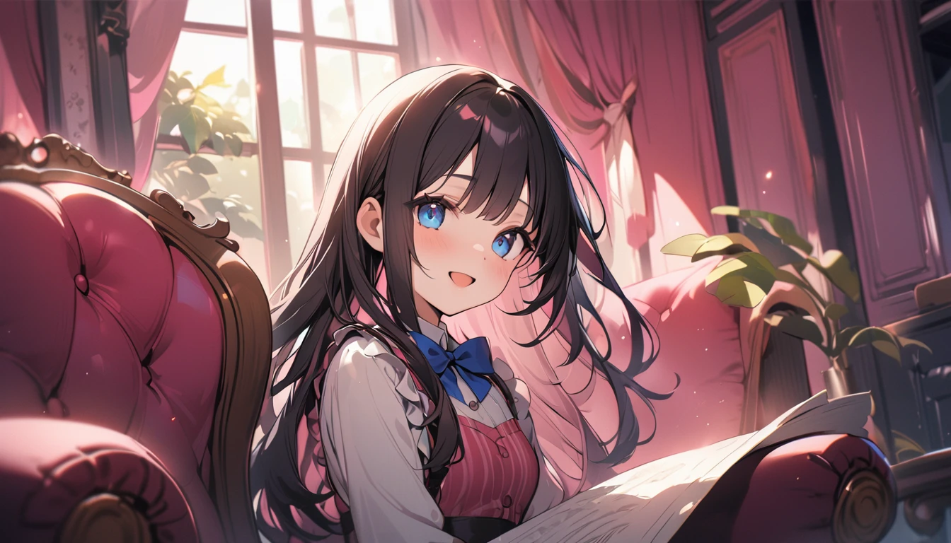BREAK 1girl, long hair, black hair, straight hair, short bangs above brows, blue eyes, warm smile, open mouth, 
BREAK (masterpiece), (high resolution 8K), cinematic lighting, professional lighting, very cute, detailed eyes and face, detailed body, 
BREAK , white shirt, blue bowtie, pleated skirt, lift skirt, 
BREAK in the messy room, (cute interior:1.0),(pink room),window,kawaii room,canopy,frills,pink chair,(baldachin:1.0),(Foliage plant:1.0),(chesterfield chair:1.0),

