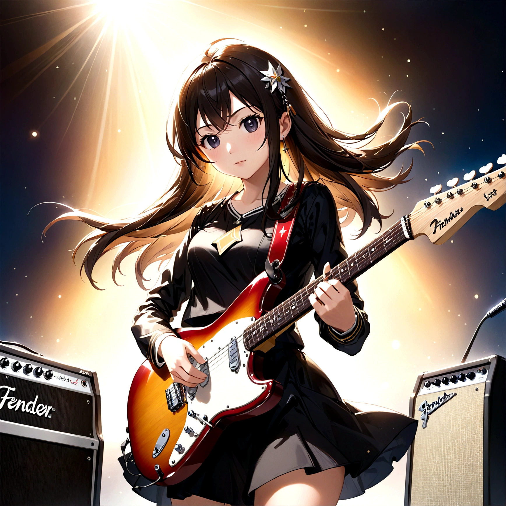 6 strings、There are six pegs、high school girl、Electric guitar、Sunburst、fender mustang、