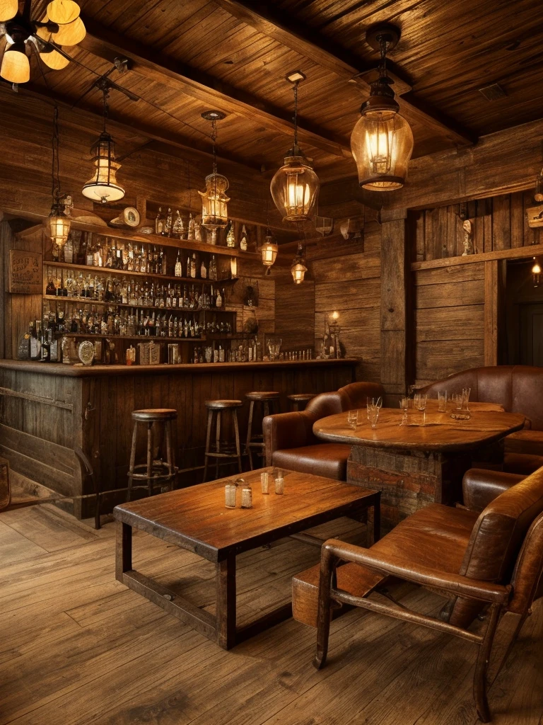 Vintage-style bar, rustic wooden furniture, antique pendant lights, dim lighting, cozy ambiance, aged wood, warm glow, vintage decor, intimate, nostalgic