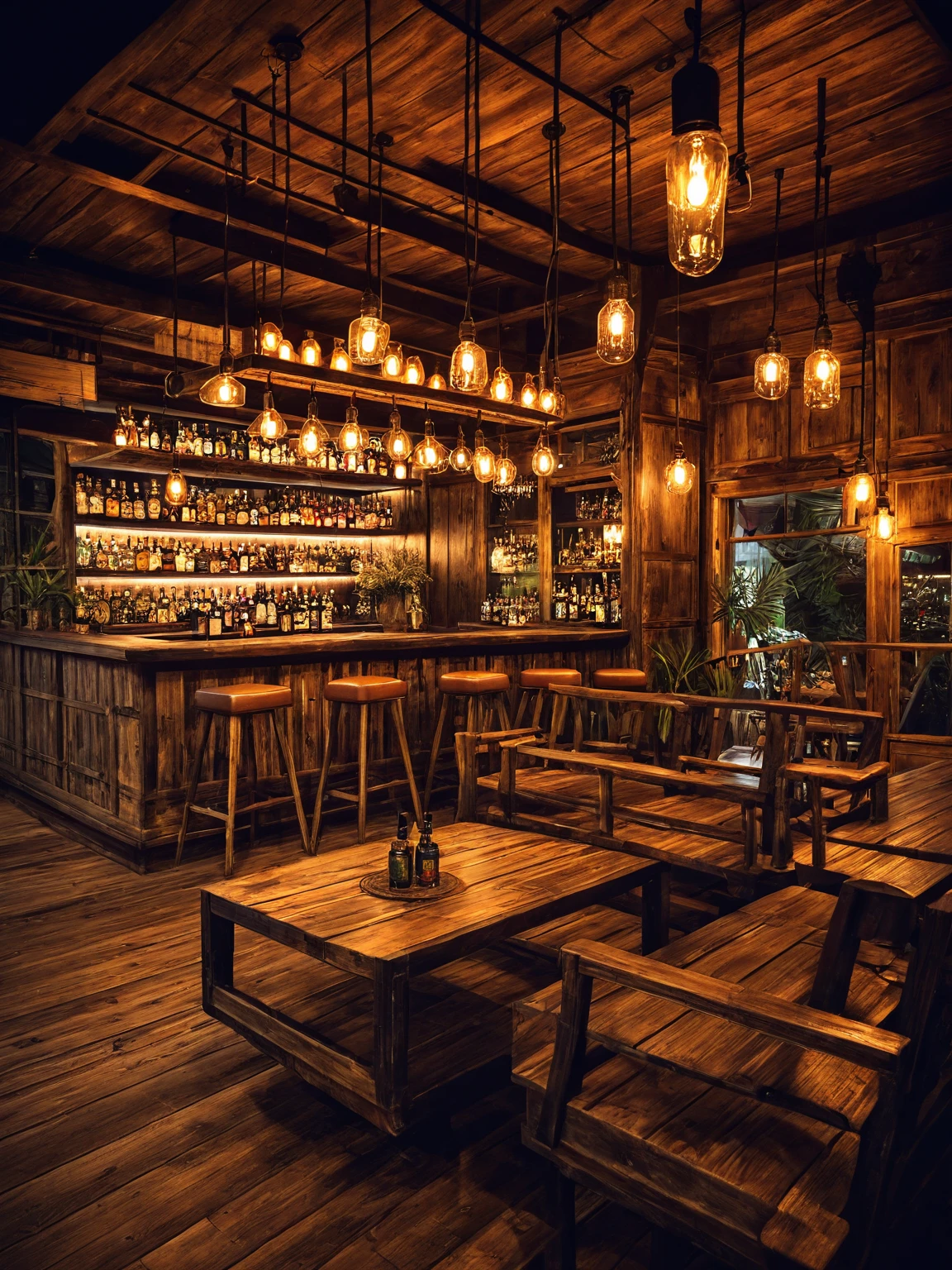 Rustic Style Bar Vintage-style bar, rustic wooden furniture, antique pendant lights ...