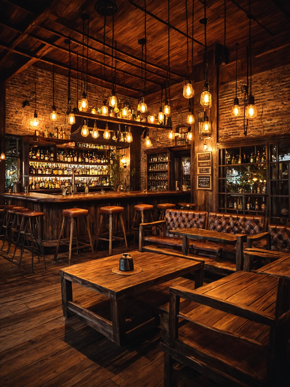 Vintage-style bar, rustic wooden furniture, antique pendant lights, dim lighting, cozy ambiance, aged wood, warm glow, vintage decor, intimate, nostalgic