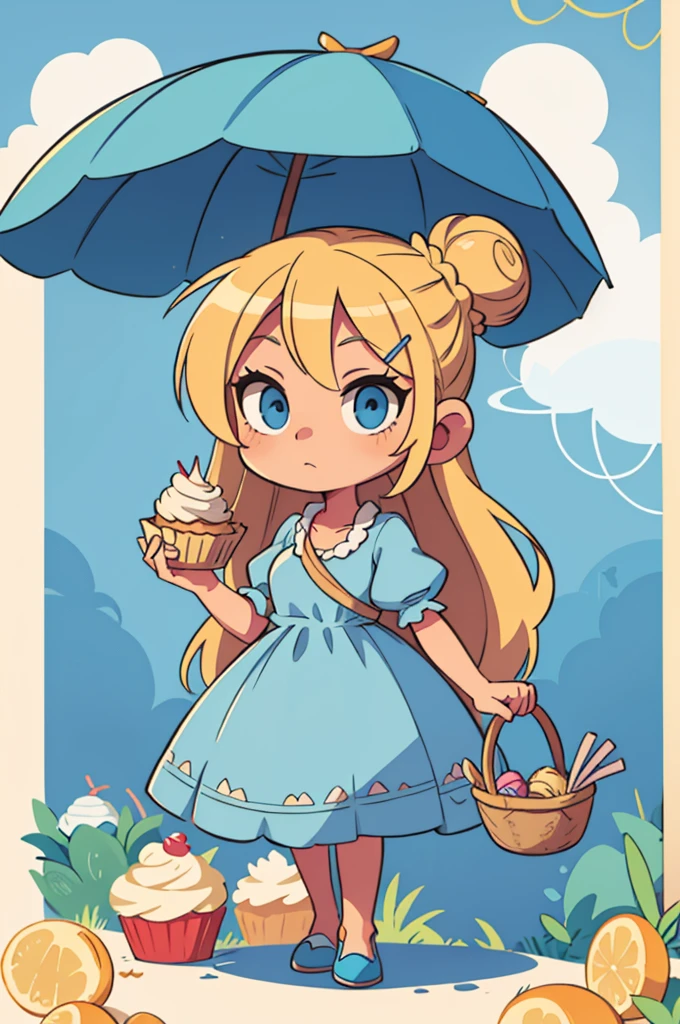 blonde girl with her hair gathered in a bun, blue long dress with a hair clip with a blue umbrella and a basket of cupcakes