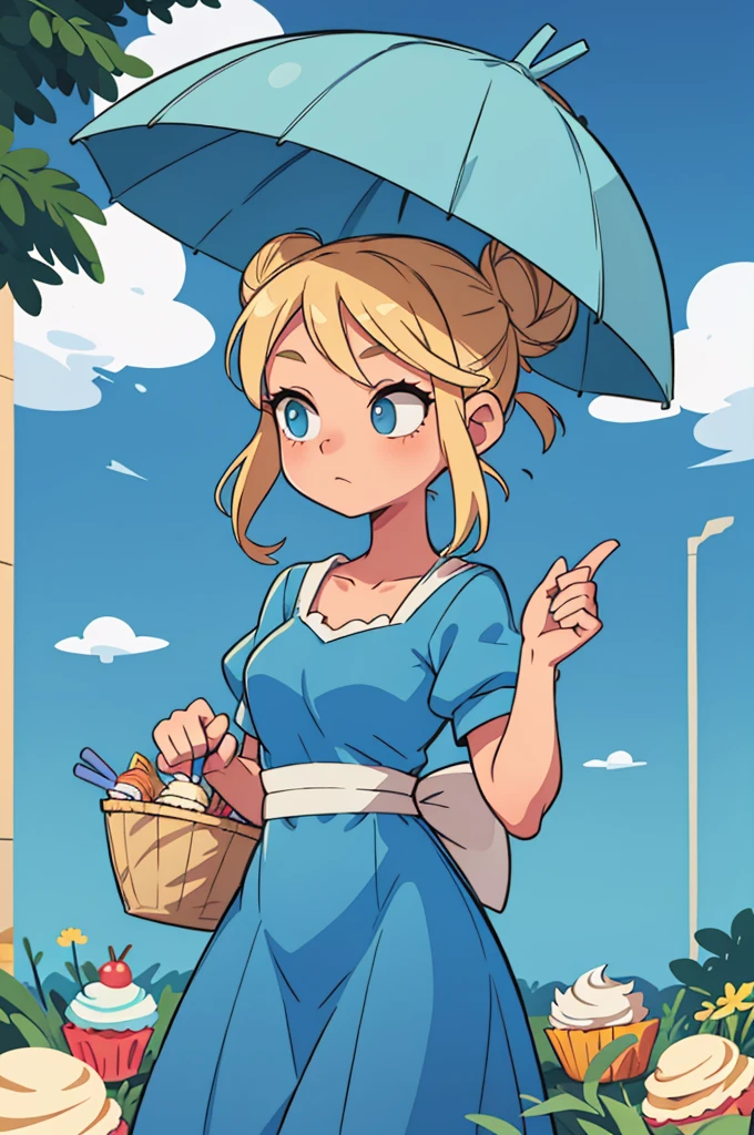 blonde girl with her hair gathered in a bun, blue long dress with a hair clip with a blue umbrella and a basket of cupcakes