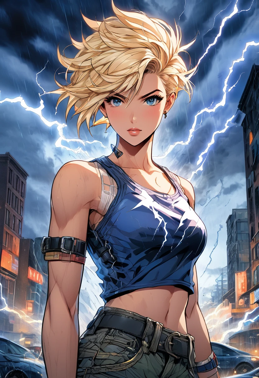 girl short hair, Blonde,Short female hairstyle with shaved sides , Iris, He has a lightning tattoo on his right arm., Black Thunder Tattoo, White Tank Shirt Shirt, Black Letter Pants, In the city, In the Storm, night, Thunder in the sky, 4K, Detailed body