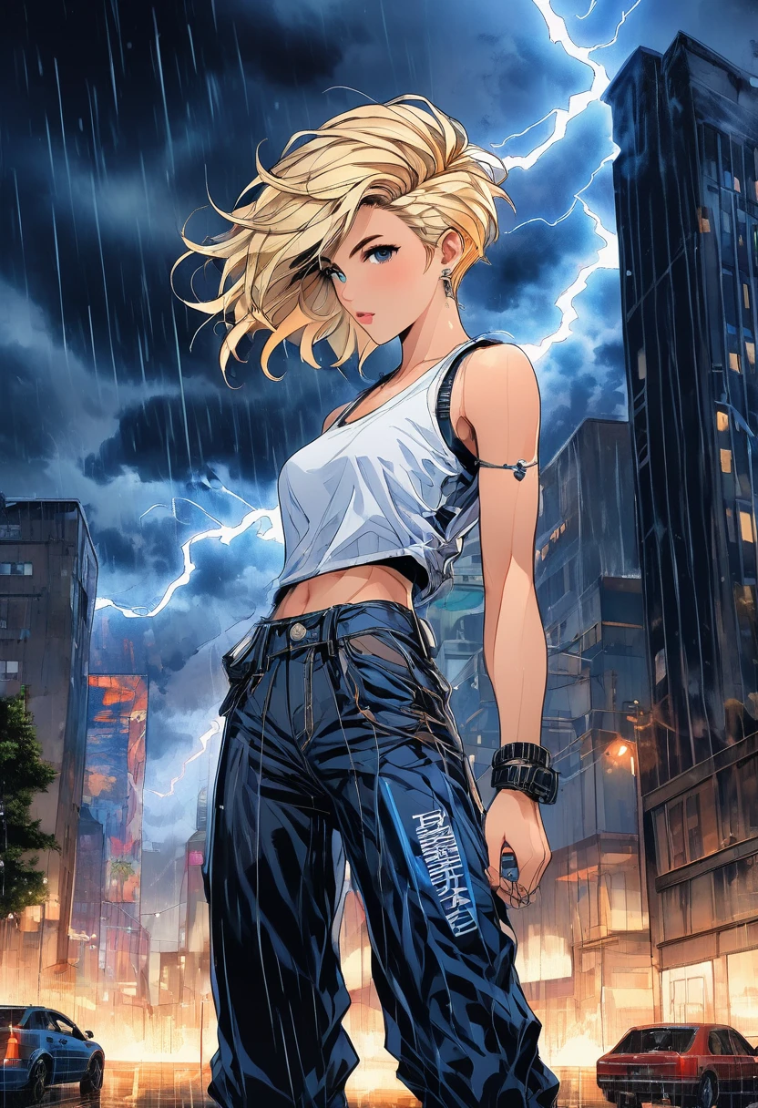Young girl short hair, Blonde,Short female hairstyle with shaved sides , Iris, He has a lightning tattoo on his right arm., Black Thunder Tattoo, White Tank Shirt Shirt, Black Letter Pants, In the city, In the Storm, night, Thunder in the sky, 4K, Detailed body