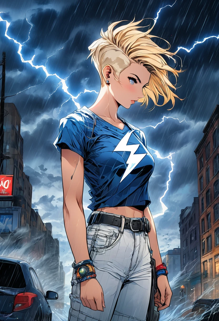 Young girl short hair, Blonde,Short female hairstyle with shaved sides , Iris, He has a lightning tattoo on his right arm., Black Thunder Tattoo, White Tank Shirt Shirt, Black Letter Pants, In the city, In the Storm, night, Thunder in the sky, 4K, Detailed body