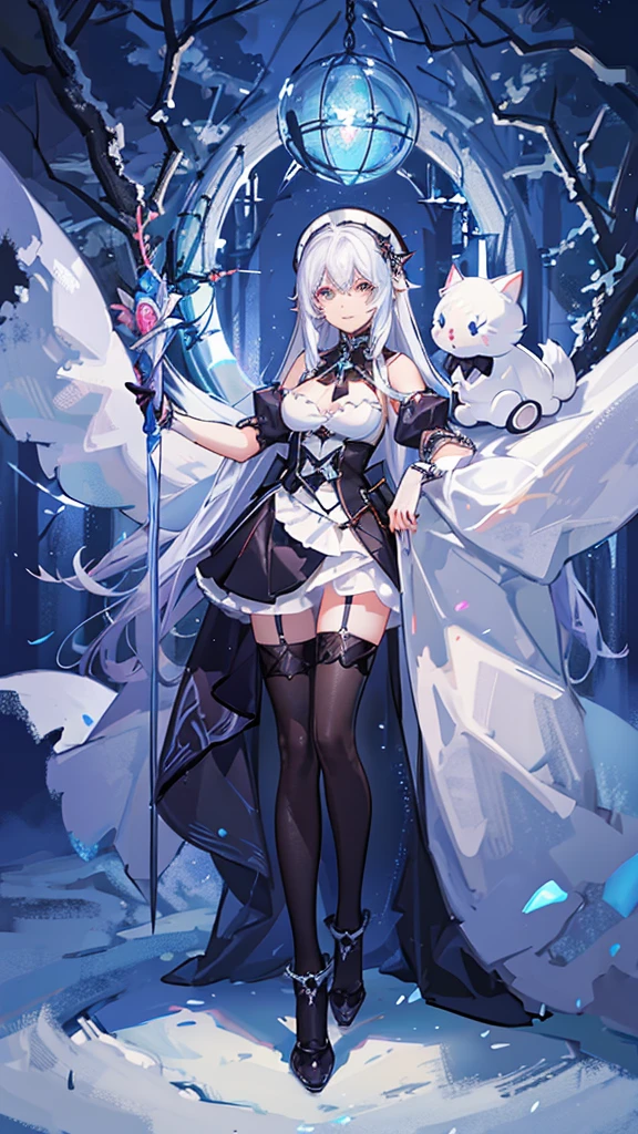Vocaloid ~ Mortal Kombat ~ V - Tuber ~ Hello Kitty ~ Darkest Dungeon ~ ice priestess with long white hair, icy white eyes. wearing a fantasy glowing ornate armored priestess outfit, and thigh highs. standing in an icy forest. anime waifu. Stylish. Cute, hot, shiny. highly detailed, uhd anime wallpaper, digital cel animation