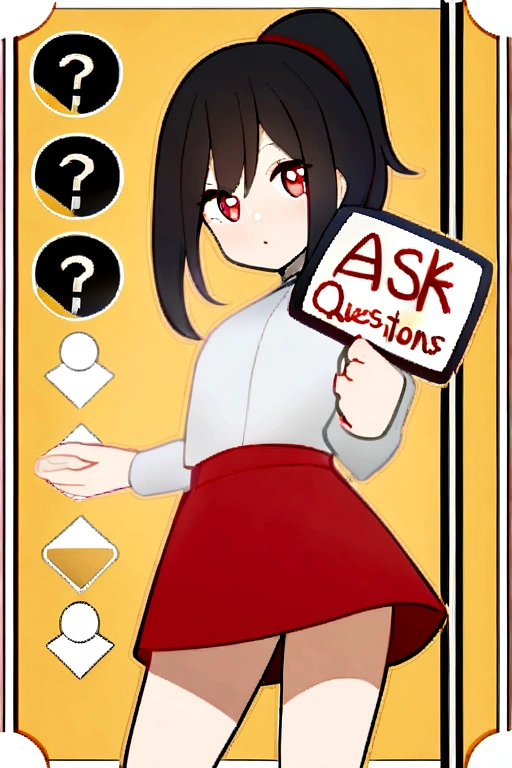 1girl, Black long hair, ponytail. Red eyes. (Sheer white shirt+redskirt), yellow shoes, holding a sign saying (("Ask Questions"))