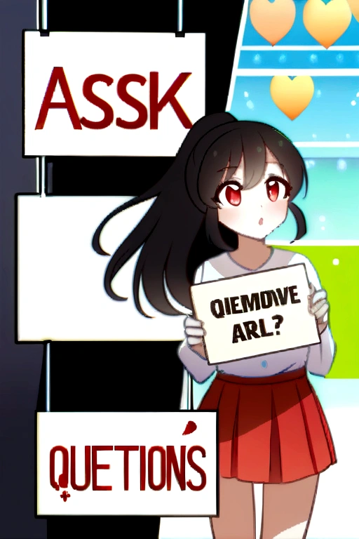 1girl,  Black long hair, ponytail. Red eyes. (Sheer white shirt+redskirt), yellow shoes, holding a sign saying (("Ask Questions"))