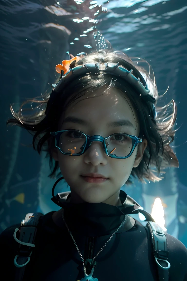 (masterpiece, best quality, ultra-detailed, best shadow), (beautiful detailed face:1.3),(solo), (family_friendly:0.8),high contrast, ultra-high resolution,(1girl under deep sea:1.6),(diving AND petting a whale:1.3),full body, diving suit,refract light from above,glowing_light,vivid seaweed,colorful corals, looking_afar, tropical fish,(turbulence disturbed hair:1.2),([blue|silver] hair:1.1) 