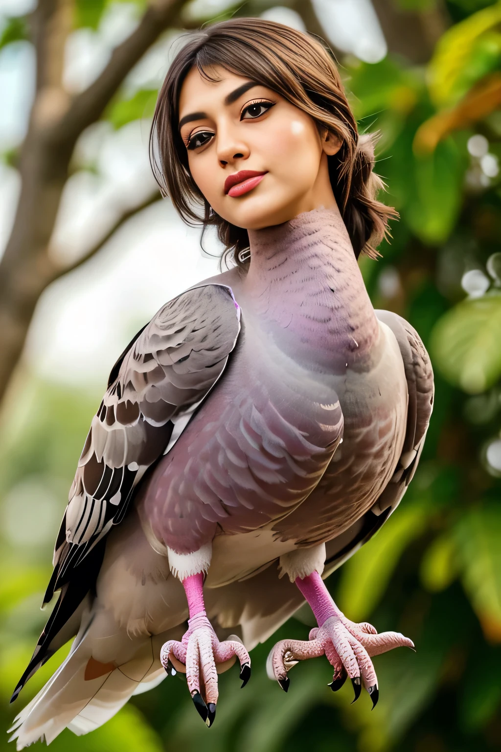 Hansika Motwani is a pigeon bird, She is a bird but her head looks like girl, from neck to full body looks like pigeon bird. Pigeon legs, pigeon wings. Bird body, pigeon body, perfect picture, perfect bird, real bird, Real head replace with real pigeon head. Exact Bird. Red Color pigeon.