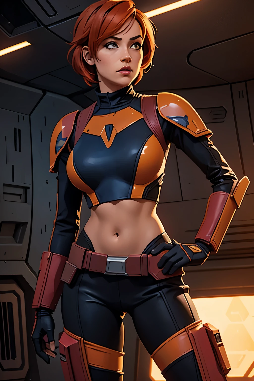 Gwen Tennyson,tracer,Don&#39;t be,Rebecca Chambers,To watch,1 girl,Close-up,Space City,a space ship,A planet, The Mandalorian,military uniform,bounty hunter gear,bare bare breasts,nipples,erotica,porn,military leggings,short hair,silver earrings,Holding a blaster, goth makeup,green eyes,orange hair,purple highlights on hair,shy smile, freckles,redhead,Beautiful girl,big breasts,ultra detailed,Realistic,fantasy art,