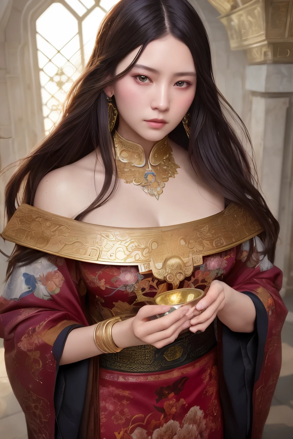 High quality, masterpiece, masterpiece, exquisite facial features, exquisite hair, exquisite eyes, exquisite colored hair, 4K quality, gorgeous light and shadow, Tyndall effect, halo, messy hair, young state, gorgeous scenes, fine clothes, chains, feathers,ancient chinese beauties with big eyes highly detailed, digital painting, artstation, concept art, sharp focus, illustration, art by greg rutkowski and alphonse mucha and victo ngai