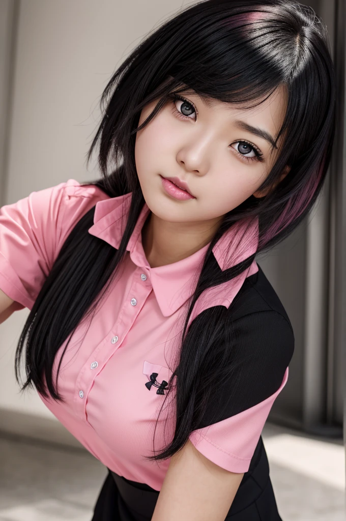 UA Girl, similar to Yumeko Yabami, same eyes, same hairstyle, black hair with pink highlights, pink eyes and a somewhat large pupil, pretty pink lips, with the uniform of the UA