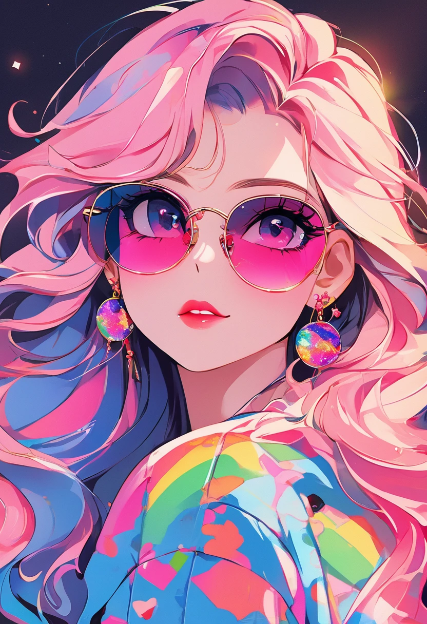 Rainbow Style, One girl, alone, Long Hair, Big round sunglasses on the head, View your viewers, Glowing eyes background, jewelry, Mouth closed, Happy, Jacket, Upper Body, Pink Hair, Earrings, Pink Eyes, necklace, From the side, sweater, lips, eyelash, compensate, Wavy Hair, Earrings, cross, lipstick, ear Earrings, eye shadow, hoop Earrings, pink lips, Variegated eyes, Pink Theme, pink eye shadow, Tattoo, Dark Background
