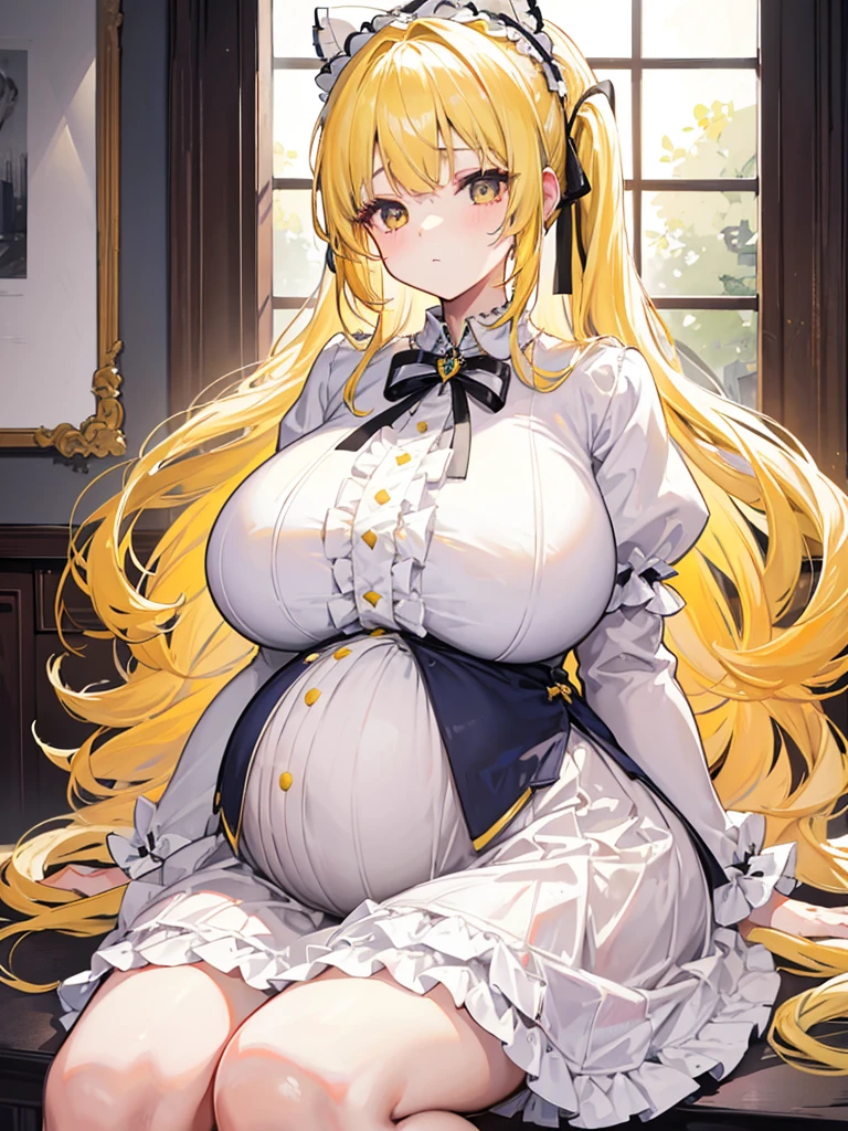 1 22-year-old girl,Yellow hair, Long double ponytail, shirt, Fluffy collar, White fluffy skirt, White ribbon on hair, Lots of hair accessories, ta，(Pregnant，Huge breasts：1.8)，Room