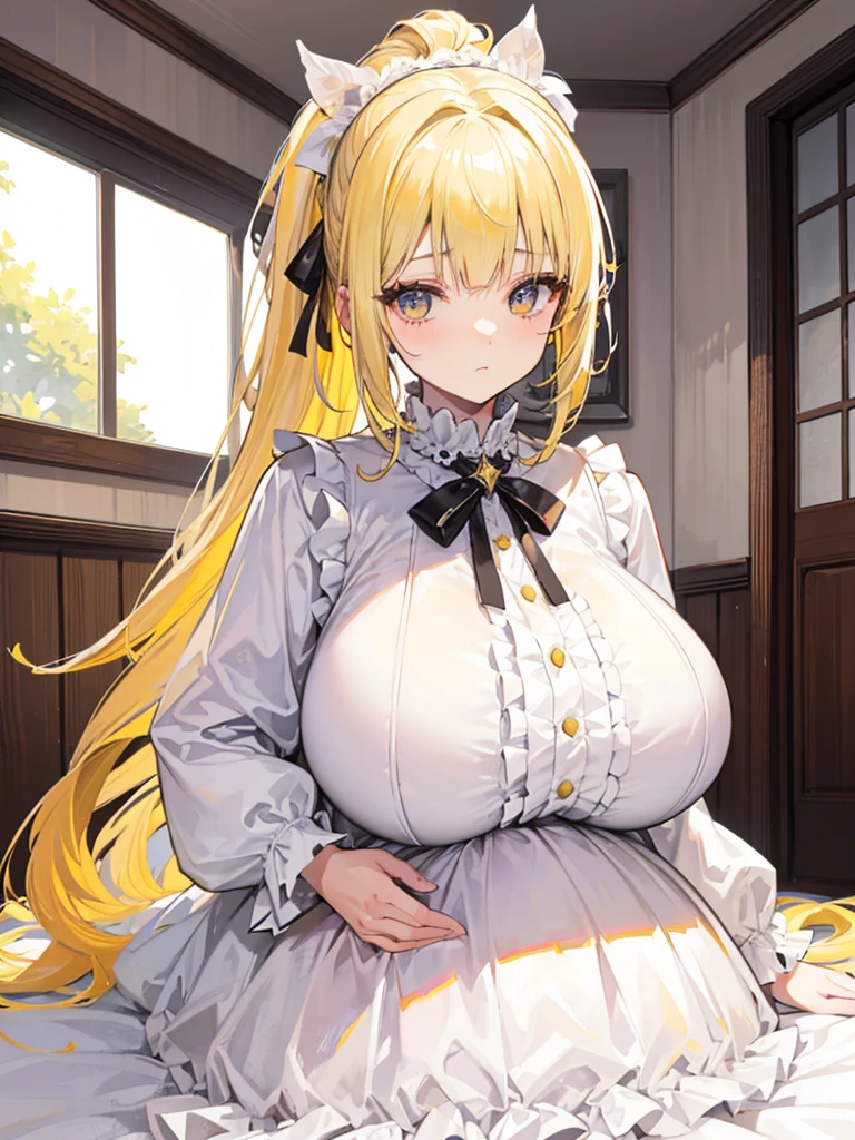 1 22-year-old girl,Yellow hair, Long double ponytail, shirt, Fluffy collar, White fluffy skirt, White ribbon on hair, Lots of hair accessories, ta,(Pregnant,Huge breasts:1.8),Room