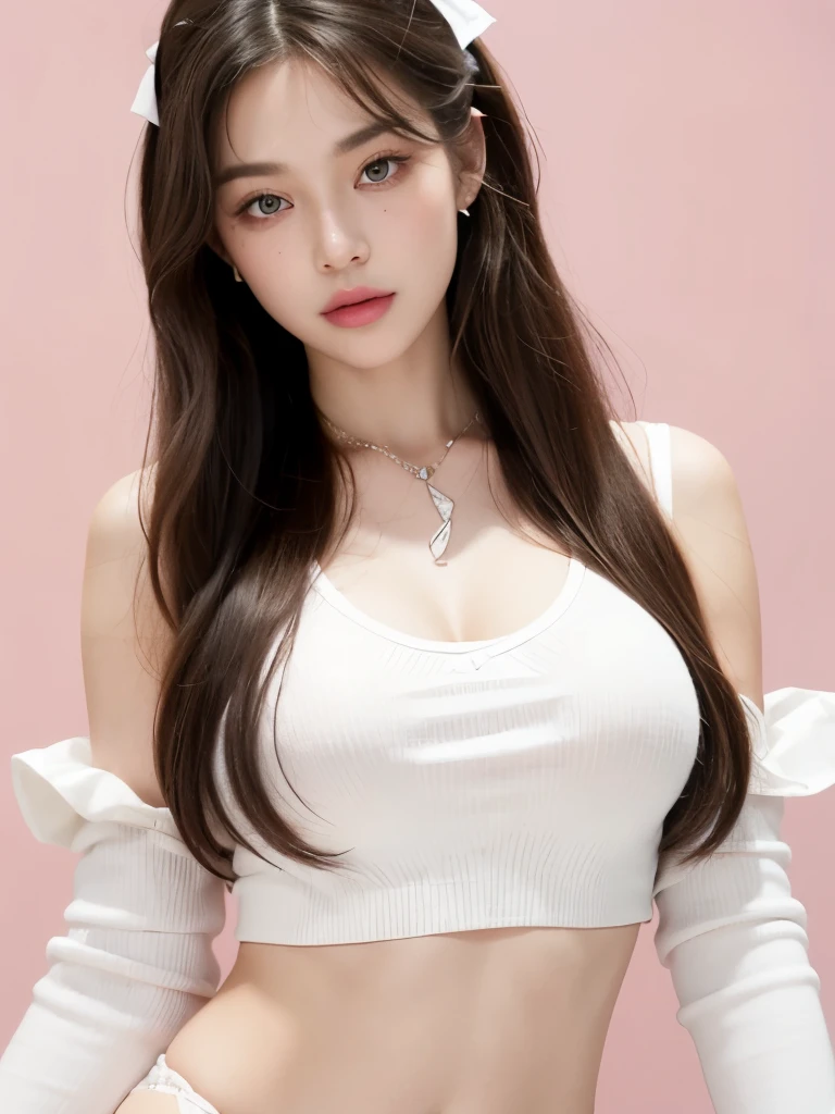 Kim Jennie with white brown hair, with curlers at the ends, with two bows on each side of the hair, all her white hair brown, with a star clip in her white brown hair, light colored eyes, Beautiful eyes, crying eyes, Beautiful, splash nose, watery nose, Beautifuls labios, pink lips, heart and cupid shaped lip, Beautiful skin, pale, White skin, with moles and freckles all over his face, soft pink blush on cheeks, natural pink blush, soft pink makeup, Jennie, Nice neck, marked collar, frown, with a kiss necklace, a Beautiful kiss necklace, similar a Yumeko Jabami, while wearing a YK2 style top, Beautiful top en los seno, with a YK2 style brown miniskirt, while having a bare abdomen, Delgado, marked and Beautiful, (big breasts, soft breasts, Beautifuls pechos), full body, sexy body, naked body, looking to the camera