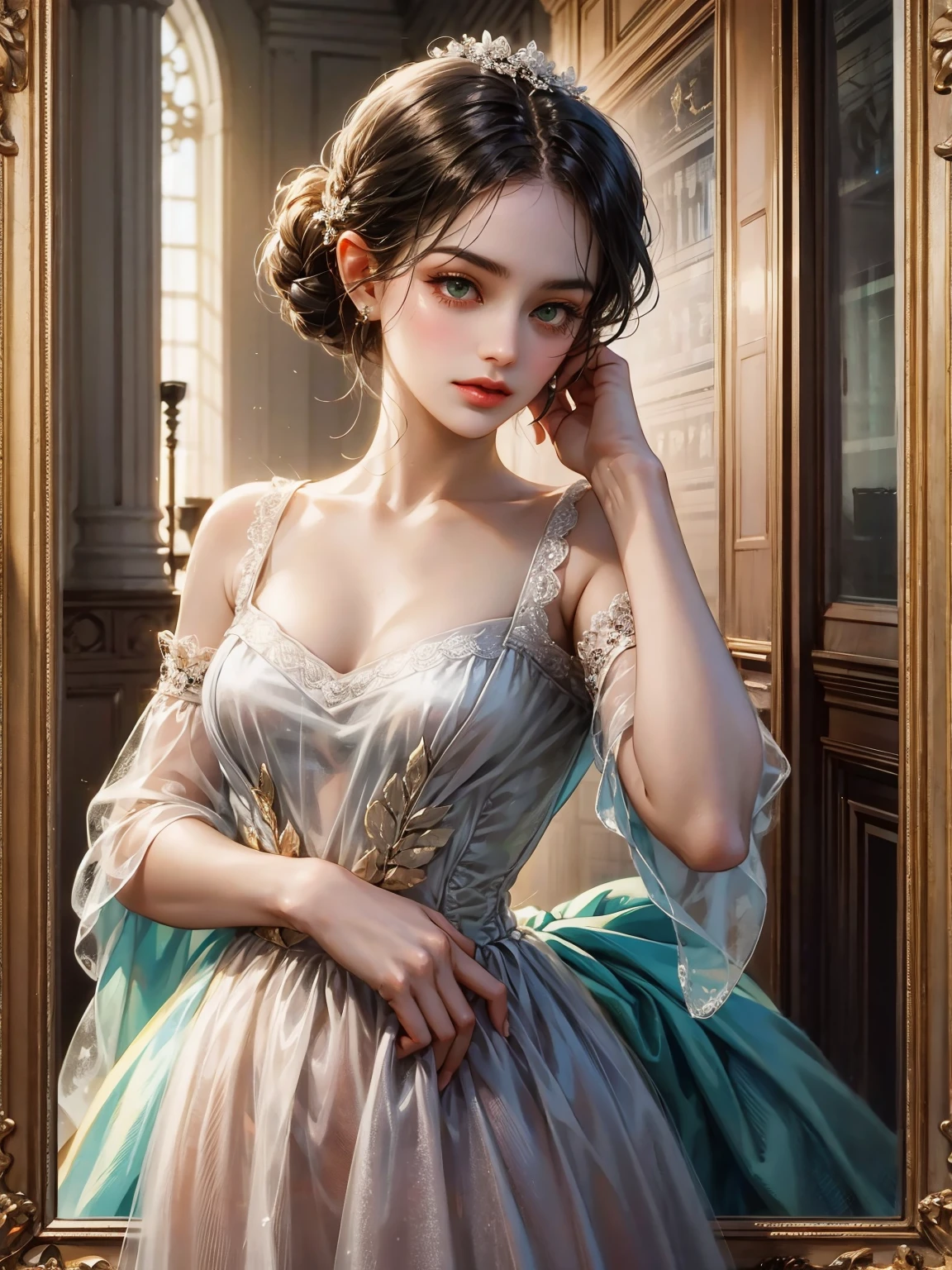 A girl, chignon black hair, small breast, green eyes. She wears a low-cut dress. She wears a pink dress from the Victorian era. Beautiful girl, detailed eyes, detailed face, detailed hands. She looks at the viewer. She has her hands down in front of her. Full figure. Background inside of a hall