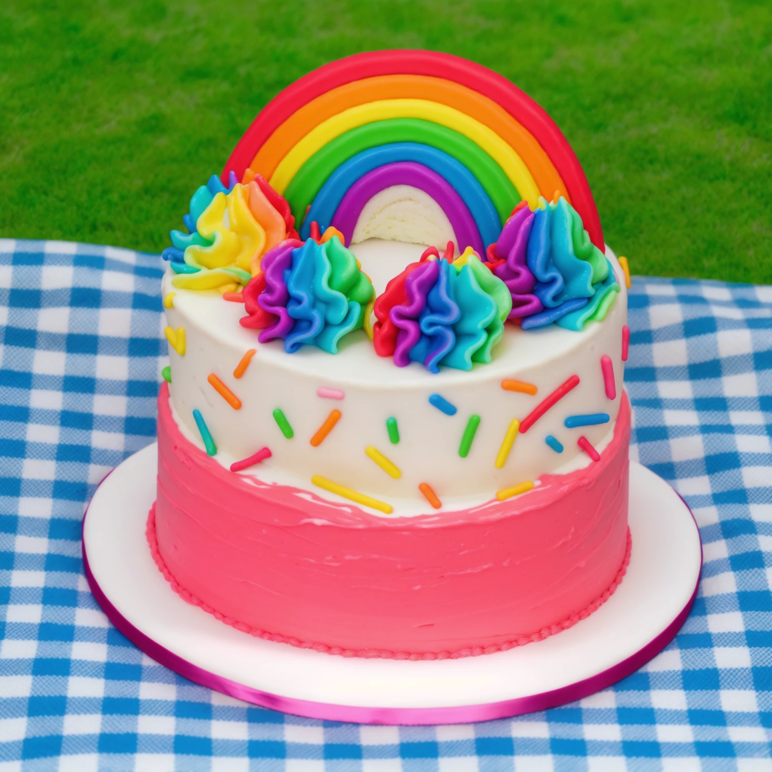 there is a white plate with cake, white and pink cream cake, Rainbow confectionery powder on the cake, top rainbow gradient cream, polymer clay rainbow, Beautiful light from the window, beautiful lighting, bright announcement, Multiple light sources, Realistic style, realistic textures, high quality, high detail, detailed texture, ultra 4k hd, macro photography