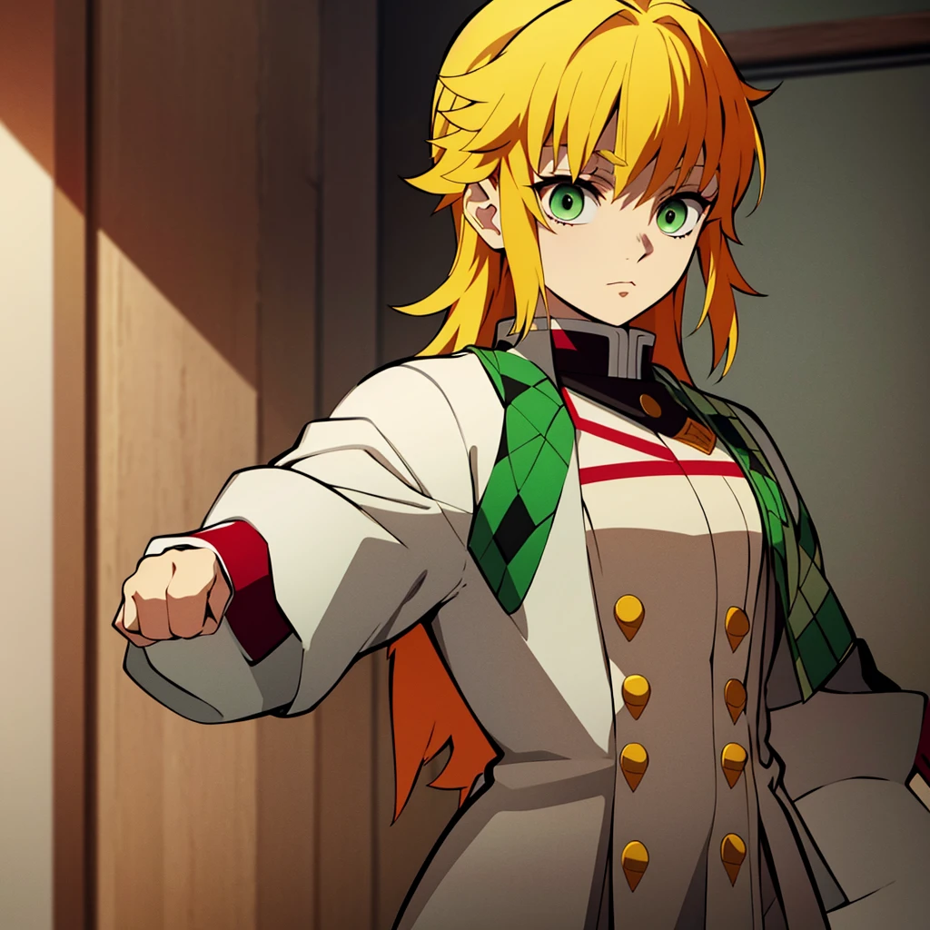 White young woman, Yellow hair with red details in her hair, Medium hair, Green eyes, neutral face, Linda, Sword, demon slayer uniform, red highlights in hair, front view, (((solo)))