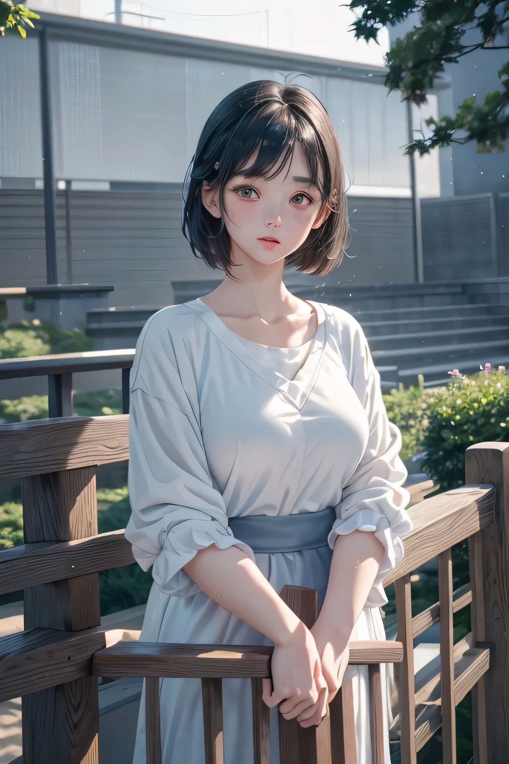 1981Year 21 year old college student Beautiful and neat woman Plump round face Black Hair Dark Eyes White skin like a Hakata doll A gentle, angelic face with a shy, melancholic look Droopy eyes Pale pink small lips Straight short hair that falls over the shoulders Height: 140cm White long sleeve blouse Light blue cardigan with the initials Y.K. on the left chest Large breasts グレーのチェック柄のスカート1981Year Japan Early Spring Dimly lit twilight Alone on a hill in a residential area An illustration