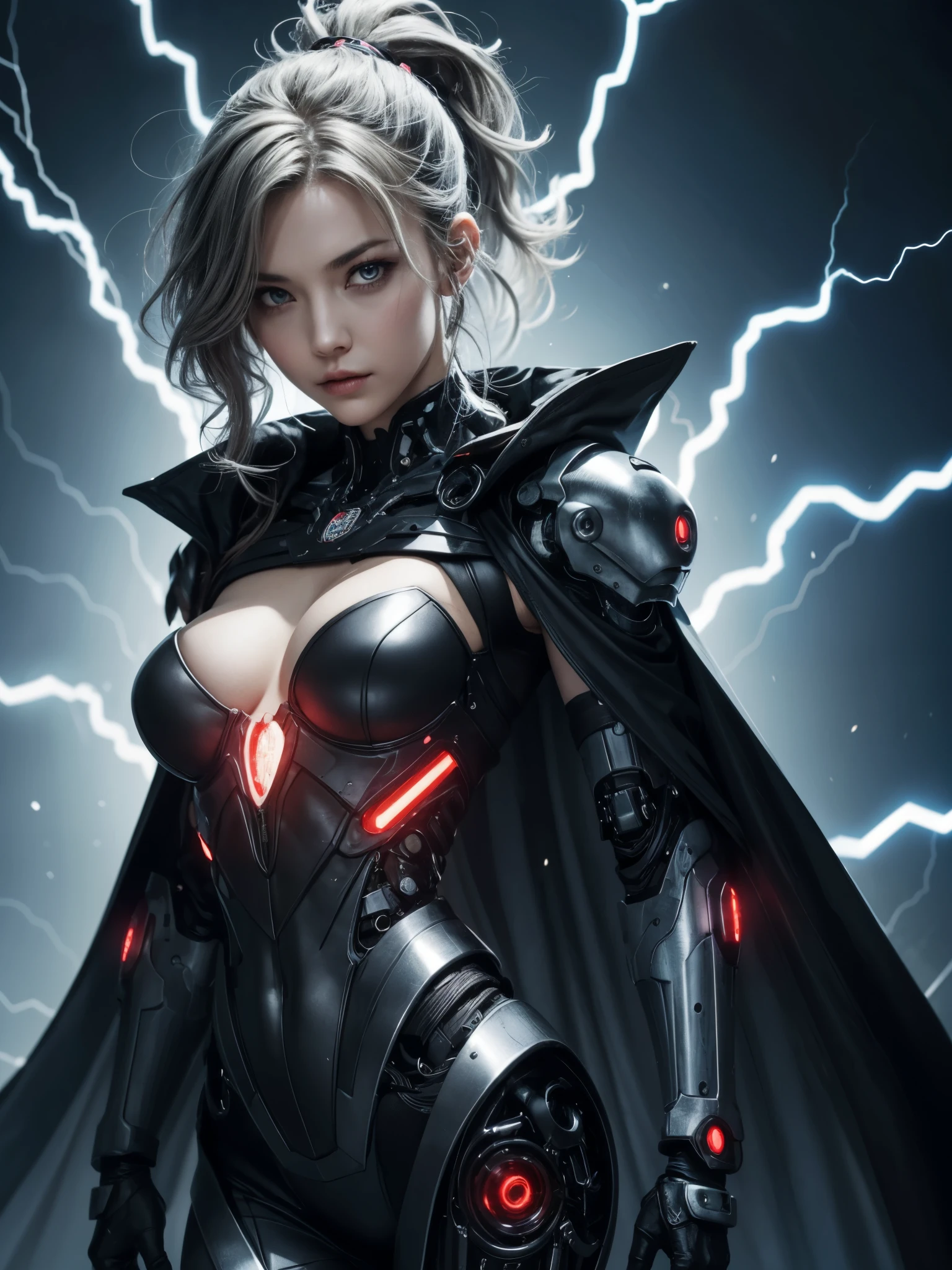 1girl, wearing detailed strapless cyborg suit, detailed hair, short curly hair, detailed face, looking at viewer, shoulder, cleavage, bright led light in the suit, blend of dark cyberpunk theme and medieval era, cold gaze, gray hair, ponytail, one eye covered, black clothes, dark cape, chains, sea of blood, white electricity emanating from his body, black electricity emanating from his hand, thunderous lightning, (yo, cute:1.2), (breasts:1.2),