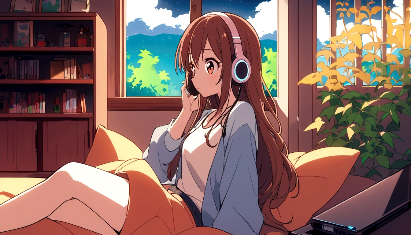 Keywords : masterpiece, best quality, movie stills, one girl, girl in clouds, happy, warm soft lighting, night sky, listening to music on headphones in room bed, long hair girl, big eyes, profile, summer sky, illustration style