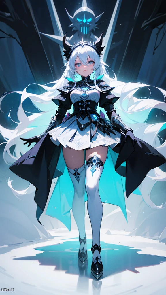Vocaloid ~ Mortal Kombat ~ V - Tuber ~ Hello Kitty ~ Darkest Dungeon ~ ice priestess with long white hair, icy white eyes. wearing a fantasy glowing ornate armored priestess outfit, and thigh highs. standing in an icy forest. anime waifu. Stylish. Cute, hot, shiny. highly detailed, uhd anime wallpaper, digital cel animation