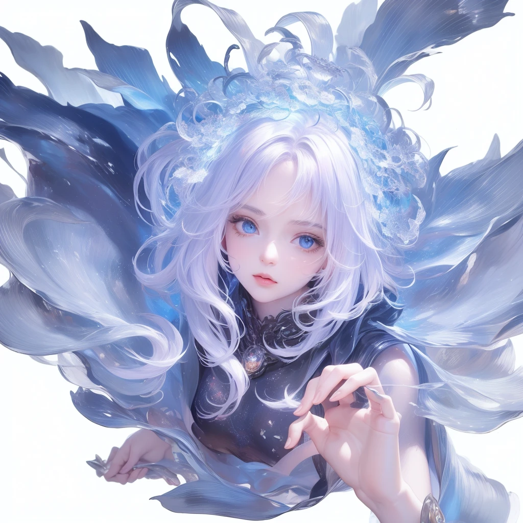 ((masterpiece)), (((best quality))), ((Super detailed)), ((illustration)),[Realistic lighting effects],shadow,(Fantasy style),(White background:1.6), Simple background, (earth theme),(A cape)[(hair focus,((1 Girl)),[(Big slime hair): (Cloud):0.3], (hair on background),(High Saturation),(The hair is surrounded by galactic splashes),)):((Her hair turned into a galactic cloud,:1.27628), (Hair and clothes are galactic clouds and star clusters:1.1025),(A cape is becoming galaxy clouds)