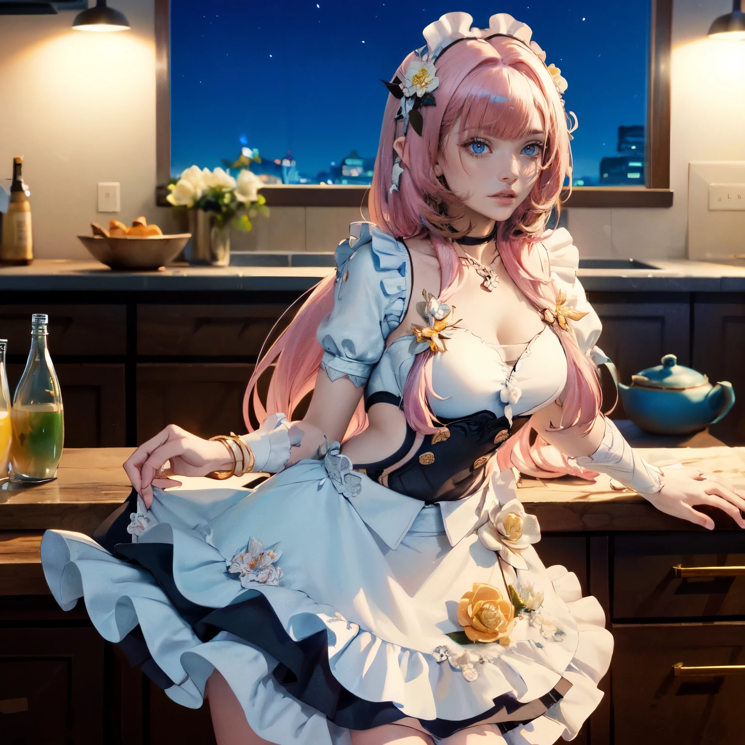 1girl, white roses, ornament hair, white roses on her hair, perfectly body, perfectly hands, lilac hair, long hair, wave hair, long hair, ornament hair, long hair, Looking at the viewer, flowing hair, Beautiful Eyes, Plump and glossy lips, maid, maid dress, maid headdress, maid apron, white dress with too many frills, white dress, blue laces, white Short skirt, Drape clothes, pink gem, Lace trim, kitchen, luxury details, gold jewelry, more details, best quality, Big sparkling eyes, blushing, white Striped Lace Stockings, pink ta skirt, sparkle, solo, centered girl, cowboy shot, perfectly body, perfectly hands, two arms, two legs, two hands, five fingers, perfect anatomy, glowing hair, white roses, maid, maid dress, dress, solo, flowing hair, floating hair, ornament hair, perfectly body, perfectly hands, on the kitchen, sparkles, more details on her clothes, white dress with transparency, golden details on her dress, night, tray with juice, ((4k, masterpiece, top-quality)), 8k, best quality, high resolution, UHD, (illustration:0.8), super cute girl, delicate and beautiful face, mature girl, super cute hairstyle, (beautiful detailed eyes:1.6), extremely detailed face, perfect lighting, extremely detailed CG, (perfect hands, perfect anatomy), Best quality, cleavage, small skirt, full Body, two arms, two legs, two hands, five fingers