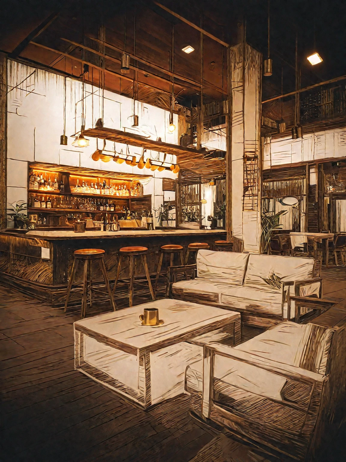 Vintage-style bar, rustic wooden furniture, antique pendant lights, dim lighting, cozy ambiance, aged wood, warm glow, vintage decor, intimate, nostalgic