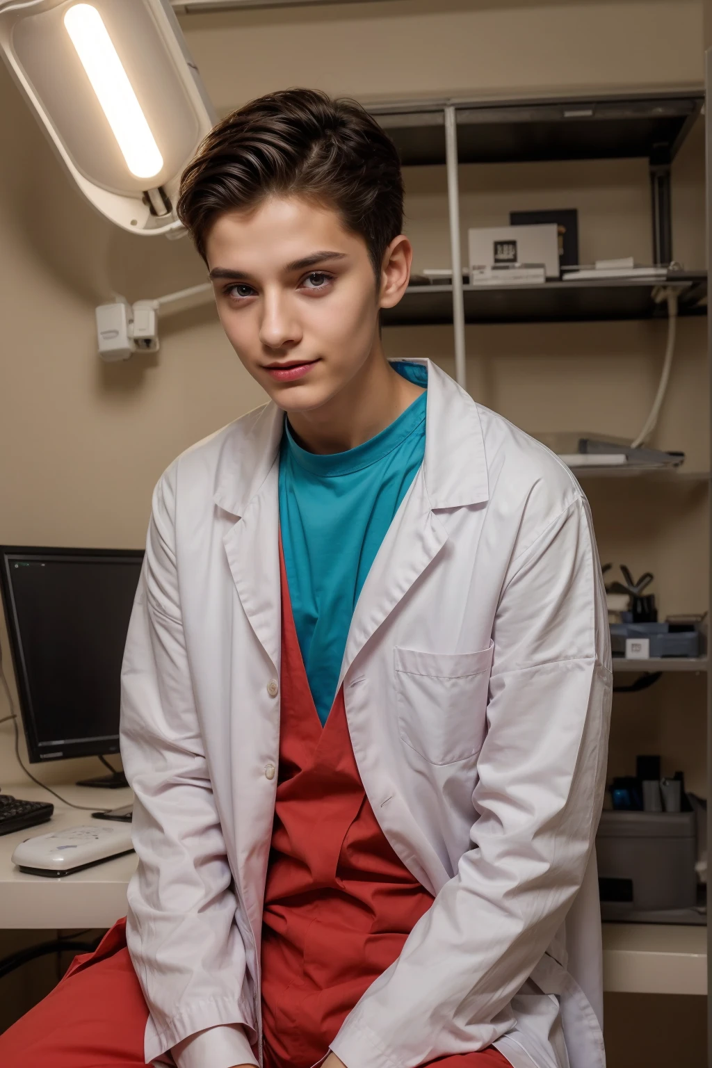 A beautiful young man, a cute male twink, with black hair and wearing a surgical uniform. He is in the surgical theater, and behind him are medical tools for surgery, devices, and monitors with nerve cells, resonance imaging, etc., and he looks proudly, with a face with red makeup, sitting at a luxurious desk.