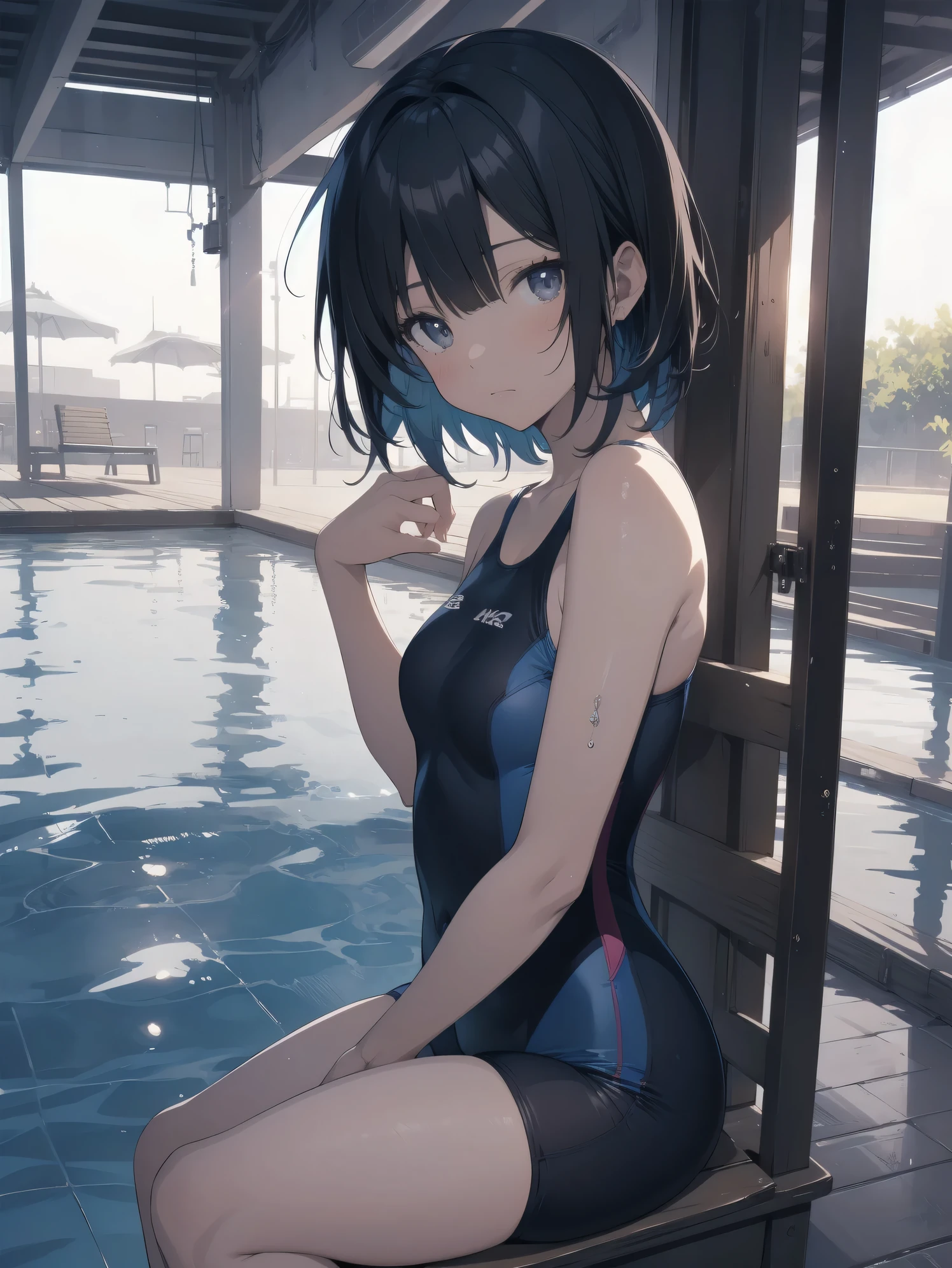 ultra-Top-quality by art God, ultra-detailed, high resolution, shinkai makoto style, anime moe artstyle, best anime 8k konachan wallpaper, pixiv contest winner, perfect anatomy, break,(Please draw a picture of a girl in a swimsuit sitting sleepily on a bench by the poolside alone.),break, a hyperrealistic school girl, (Solo,ta, kid, 13-year-old:1.3),Full limbs, complete fingers, androgynous charm, (very short hair), wet hair, small breasts,slender body, Small butt, groin, Small black eyes,hanme,beautiful detailed eyes, well-proportioned iris and pupils, sleepy eyes, highres detailed hair, swimsuit, wet swimsuit, bare shoulders, thighs, in the school pool. break,super detailed skin, shiny skin, Best lighting powered by famous artist, 8k, illustration,UHD, textured skin,break,((artist:toosaka_asagi )), artist:clamp ,artist:carnelian ,artist:kantoku ,