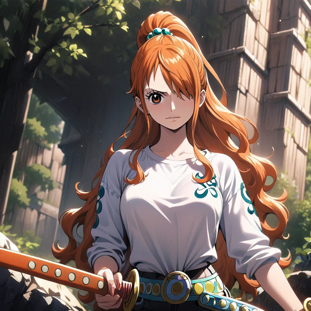 masterpiece, best quality), intricate details, 1 girl, woman, orange hair, nami \ (one piece\), (long hair), shirt, ((white shirt, black pant, black court)) female focus, nature, scenery, upper body, ((front view)) ((close up shot)) ((solo)) ((hair over one eyes)) detailed, very high resolution, no blurry image, full body, orange eyes, sligh wavy hair, ((nami from one piece)) ((female nami from one piece)), holding katana, (((high ponytail)) ((front view))