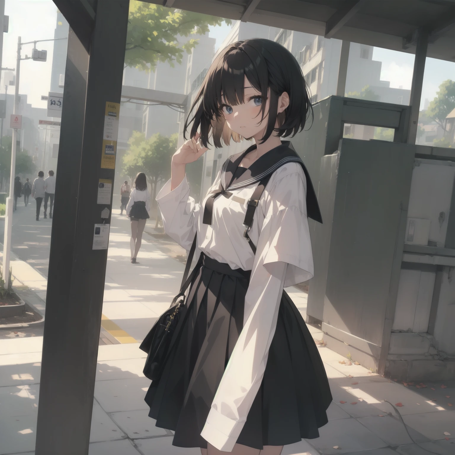 ultra-absurdres-Top quality by artist God, ultra-detailed, high resolution, anime moe artstyle, best anime 8k konachan wallpaper, pixiv contest winner, pool:2810, perfect anatomy,break, 1girl, (Please draw a girl walking sleepily to school alone. )break,(Solo,little female, -yeld:1.Full limbs, complete fingers,a junior hihort hair), short cut, flat chest, , small butt, small black eyes, beautiful detailed eyes, well-proportioned iris and pupils, expressive eyes, highres detailed hair, soft expression, salor school_uniform, sailor collar, serahuku, bow, pleated skirt,(Detailed Lighting), (Detailed background), in the School commute route. break,super detailed skin, Best cinematic lighting powered by famous artist, 8k,beauty illustration,photoshop_(medium),very aesthetic,break,((artist:toosaka_asagi )), artist:clamp ,artist:carnelian ,artist:kantoku ,