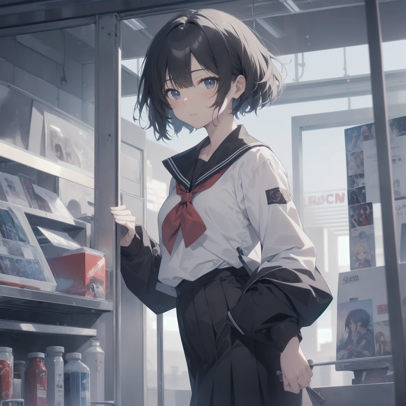 ultra-absurdres-Top quality by artist God, ultra-detailed, high resolution, anime moe artstyle, best anime 8k konachan wallpaper, pixiv contest winner, pool:2810, perfect anatomy,break, 1girl, (Please draw a girl walking sleepily to school alone. )break,(Solo,little female, 13-year-old:1.3),Full limbs, complete fingers,a junior high school student, (very short hair), short cut, flat chest, , small butt, small black eyes, beautiful detailed eyes, well-proportioned iris and pupils, expressive eyes, highres detailed hair, soft expression, salor school_uniform, sailor collar, serahuku, bow, pleated skirt,(Detailed Lighting), (Detailed background), in the School commute route. break,super detailed skin, Best cinematic lighting powered by famous artist, 8k,beauty illustration,photoshop_(medium),very aesthetic,break,((artist:toosaka_asagi )), artist:clamp ,artist:carnelian ,artist:kantoku ,
