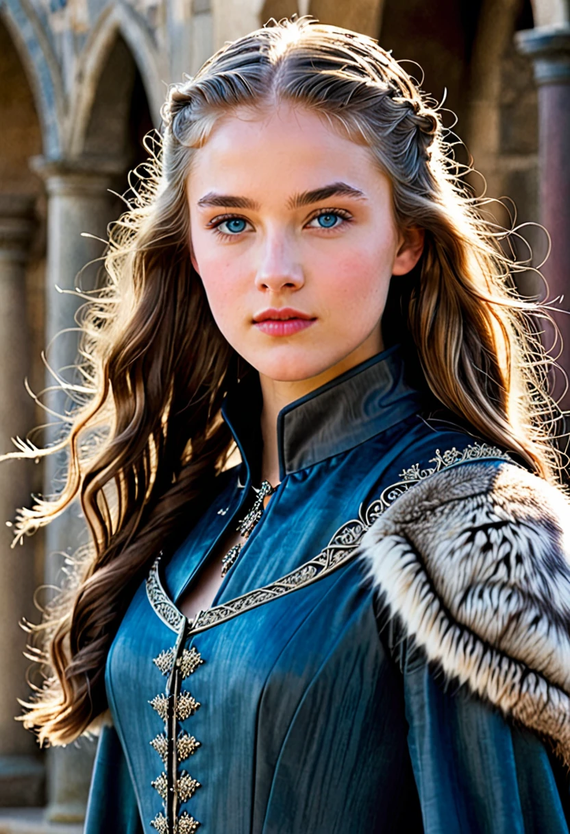 Larissa Selmy a human female  with dark blond hair, grey-blue eyes, fair skin, long faces and noble features with a dignified and honorable appearance, High cheekbones, a straight nose, and a firm jawline, tall, and lean also wore a fur coat armor in a game of throne