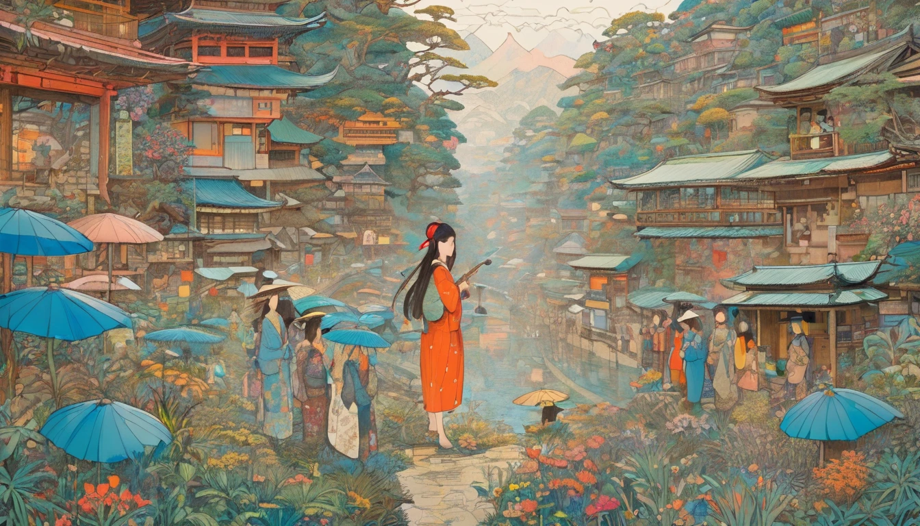 One girl, Japan, They are, (art:Hiroshi Yoshida )   Super detailed, beautifully、aesthetic, 
masterpiece, Highest quality, Realistic, zenTangle, Mandala, Tangle, enTangle, フラクタルart, Very detailed, Dynamic Angle, The most beautiful form of chaos, elegant, Brutalist design, Vibrant colors, Romanticism, silk,
