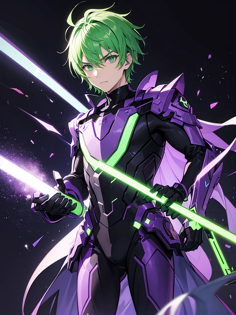 
a man in purple clothing using a lethal neon green firearm with flashes of purple and green lights on a dark background and a determined expression