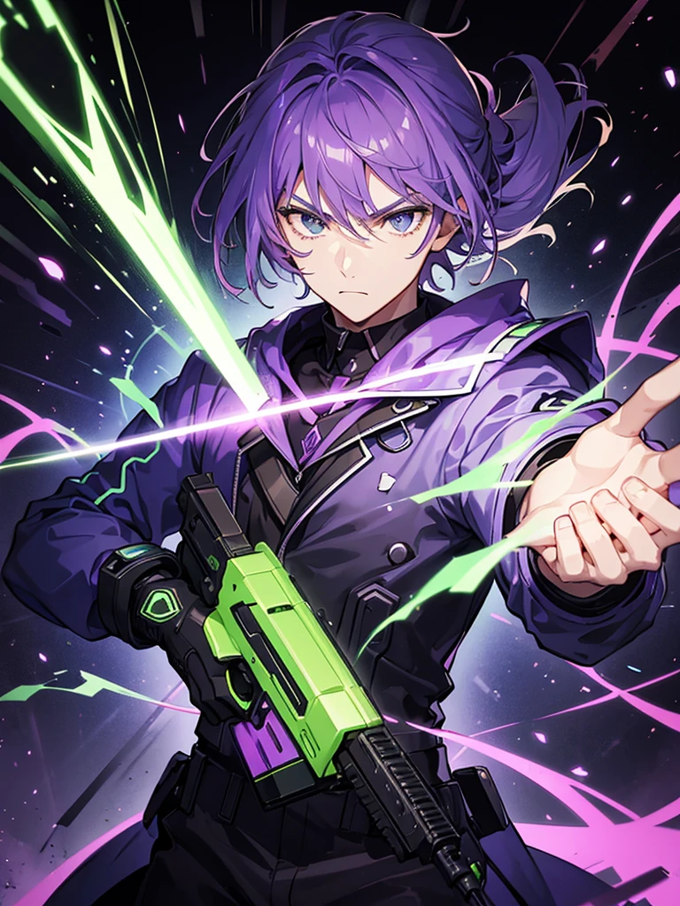 a man in purple clothing using a lethal neon green firearm with flashes of purple and green lights on a dark background and a determined expression