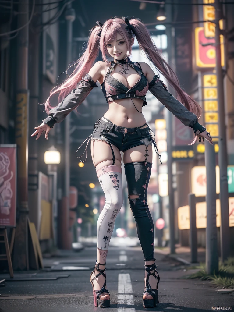 (Full Body View:1.1)、(Side view:1.1)、(Beautiful face:1.3)、(Smiling with teeth showing:1.3),(Shibuya Gal:1.5)、(Beverly Hills Whore:1.4)、(Neo-goth fashion:1.5)、(Punk RockVisual Kei:1.4)、(Modern white and red Barong:1.5)、(Tattered brown and charcoal denim bugle pants:1.5)、(Mustard Yellow Headband:1.3)、(Charcoal and khaki high heels:1.4)、collar、(We sell patterned underwear with logos.:1.4)、20-year-old、Browsing Caution,((Highest quality、In 8K、masterpiece:1.3))、Sharp focus:1.2、(Layered Cut、Huge breasts:1.1),Beautiful woman with perfect figure:1.4、(Doing an aerobics pose:1.3)、Slim Abs:1.2、Butt、Highly detailed face and skin texture、Fine grain、double eyelid,(Twin tails:1.3)、(Pink Hair:1.3)、Obscene、Idol Sculpture、(A luxurious amusement park at night:1.3)、(Slimming your legs:1.4)、(The body is slim:1.3)、(clavicle:1.1)