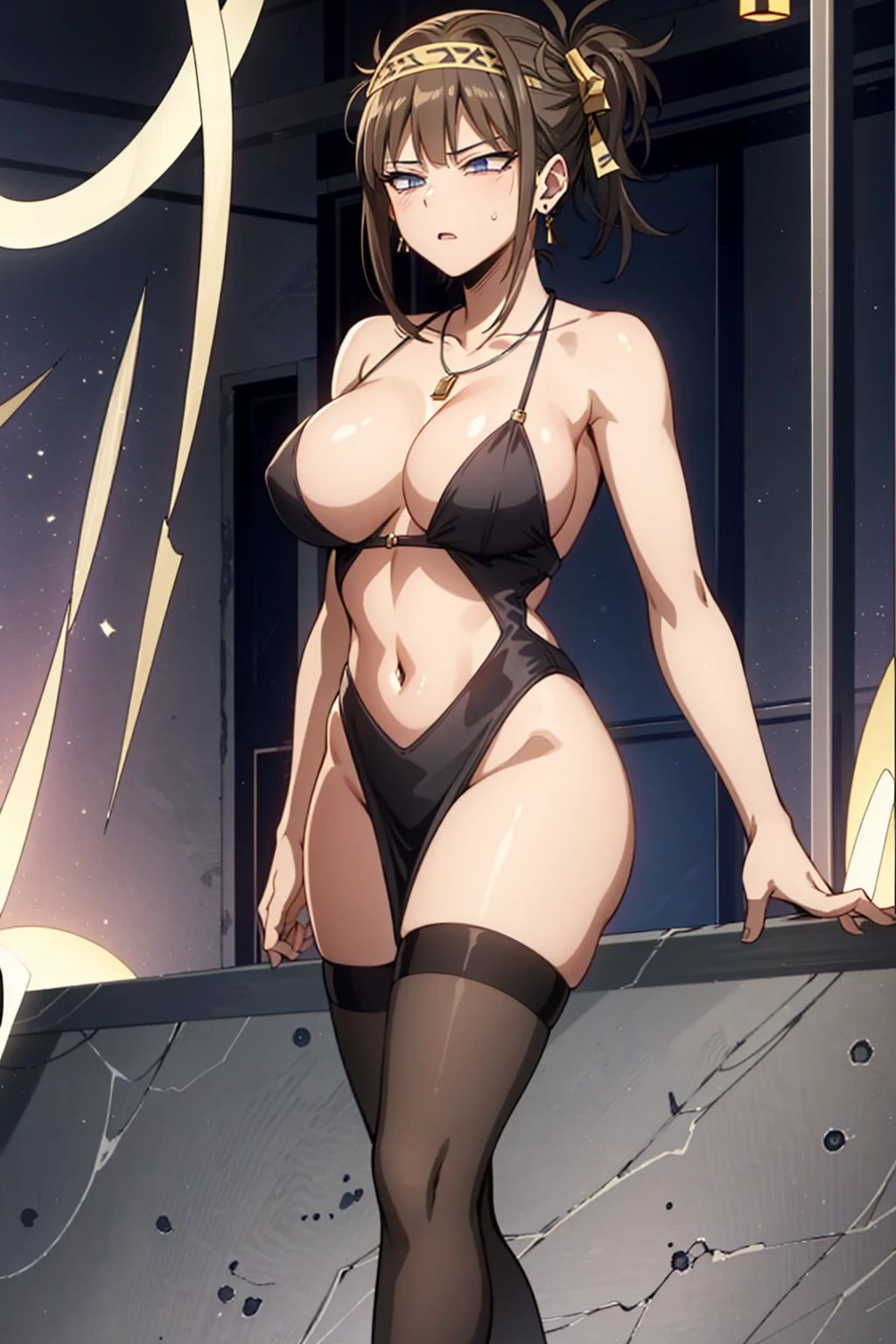 masterpiece, highres, best quality, absurdres, official, 1girl, solo, headband, long hair, (whore outfits), casino, bodycon, metallic dress, necklace, earring, navel, face focus, naughty face, large breasts,chuppy skin, no bra