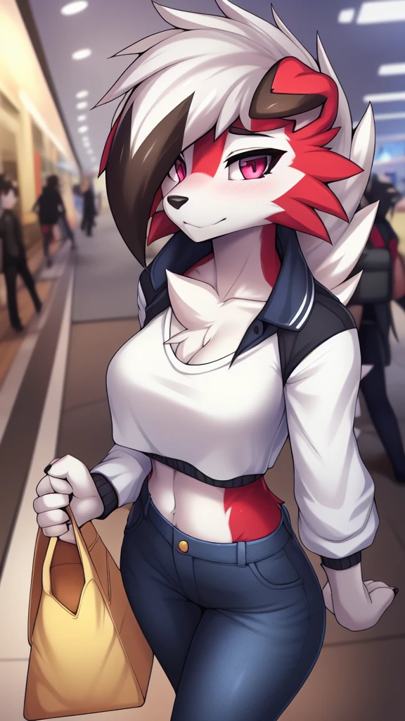 By zinfyu,by twistedscarlet60, uploaded on pixiv, by fluff-kevlar, (masterpiece), (best quality), (solo female:1.2), (extremely detailed:1.3),(detailed eye,black circle on eye,pink eye), lycanroc midnight, view on viewer, close view, shy face, half body on potrait, only body and head, close view, closeup photo of lycanroc, wearing a shirt for women crop v neck top white t-shirt korean fashion women t with a tight open gray color jacket, wearing jeans, at mall, Carrying expensive bag