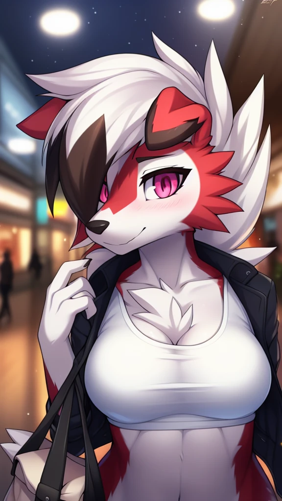 By zinfyu,by twistedscarlet60, uploaded on pixiv, by fluff-kevlar, (masterpiece), (best quality), (solo female:1.2), (extremely detailed:1.3),(detailed eye,black circle on eye,pink eye), lycanroc midnight, view on viewer, close view, shy face, half body on potrait, only body and head, close view, closeup photo of lycanroc, wearing a shirt for women crop v neck top white t-shirt korean fashion women t with a tight open gray color jacket, wearing jeans, at mall, Carrying expensive bag