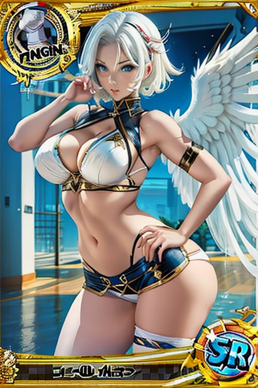 trading card of angel warrior, big breast, sexy pose, white short hair