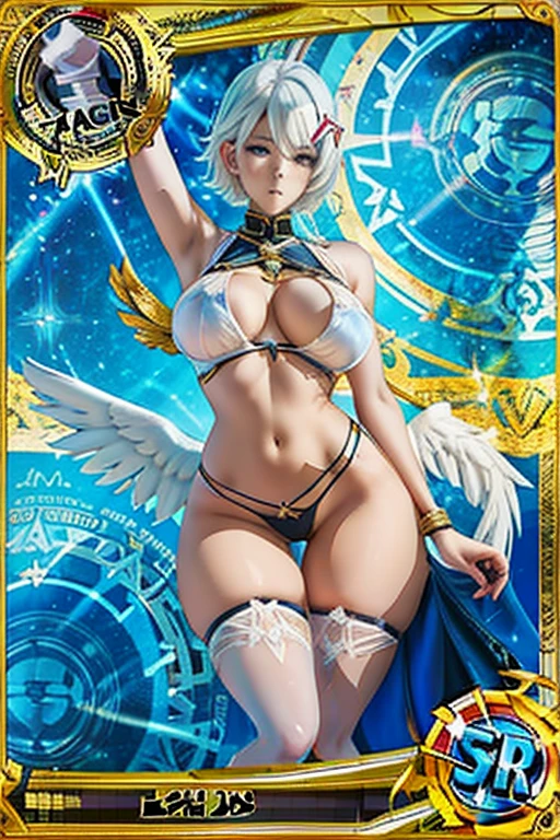 trading card of angel warrior, big breast, sexy pose, white short hair